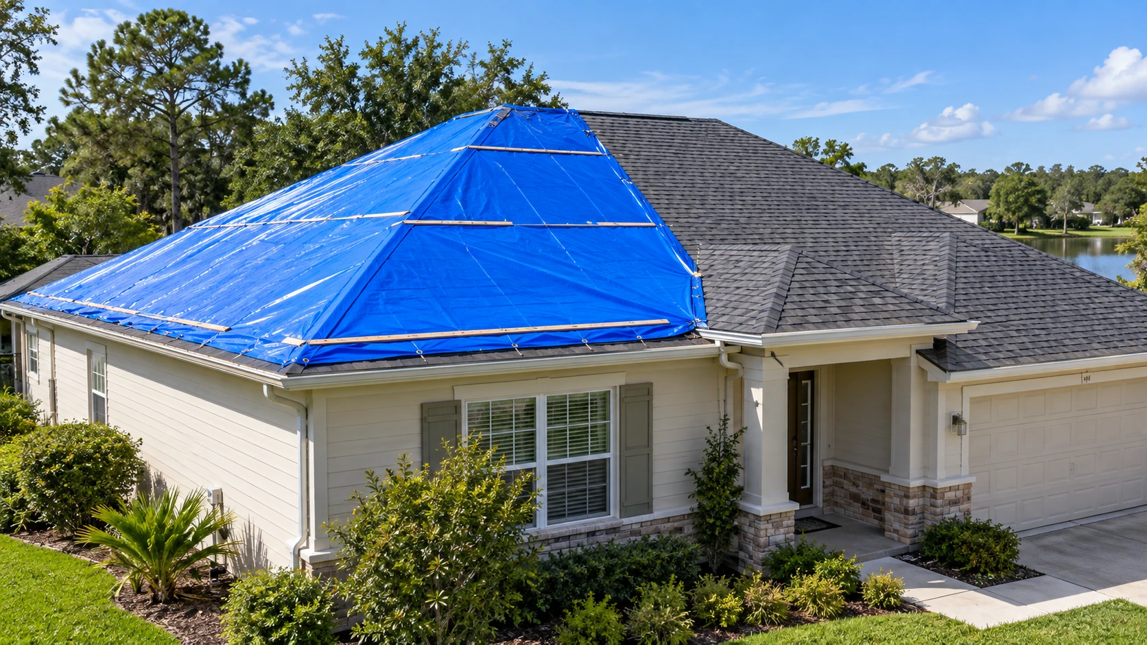 Home with a professionally secured blue emergency roof tarp