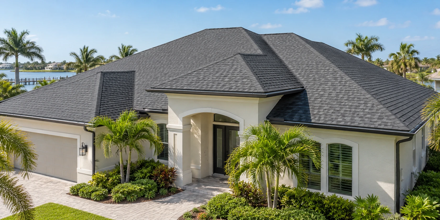 Residential home with a charcoal shingle roof